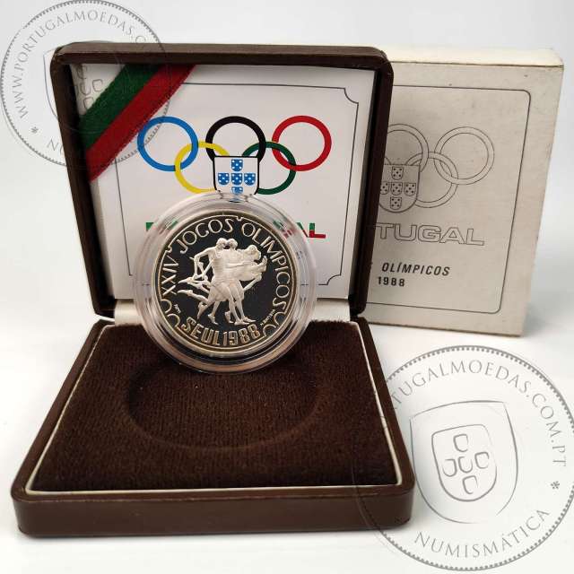 Proof 250 Escudos 1988 XXIV Jogos Olímpicos Seul, Estojo moeda prata Proof 250$00 1988 XXIV Jogos Olímpicos, Portugal KM 643a