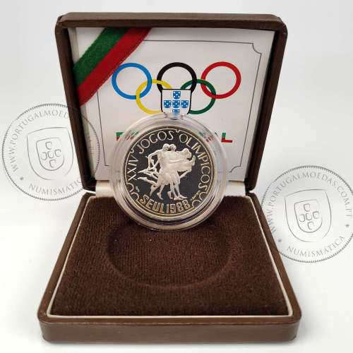 Proof 250 Escudos 1988 XXIV Jogos Olímpicos Seul, Estojo moeda prata Proof 250$00 1988 XXIV Jogos Olímpicos, Portugal KM 643a