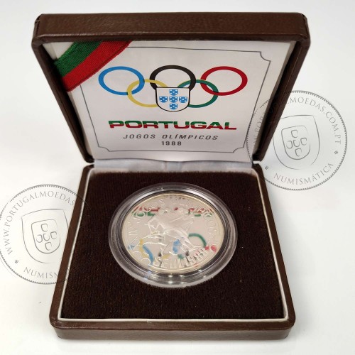 Proof 250 Escudos 1988 XXIV Jogos Olímpicos Seul, Estojo moeda prata Proof 250$00 1988 XXIV Jogos Olímpicos, Portugal KM 643a