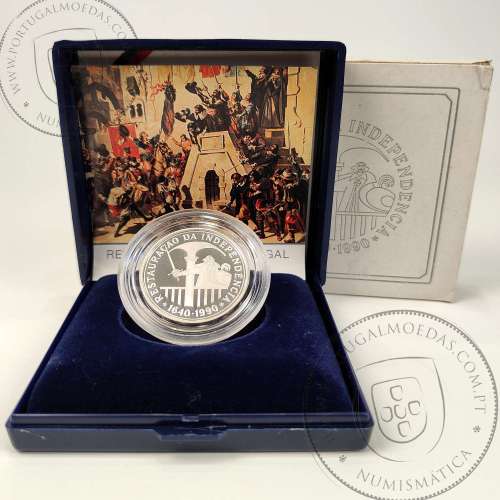Proof 100 Escudos 1990 Restauração da Independência 1640 - 1990, prata, Estojo moeda prata Proof 100$00 1990, Portugal KM 651a