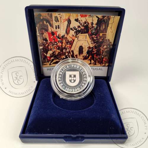 Proof 100 Escudos 1990 Restauração da Independência 1640 - 1990, prata, Estojo moeda prata Proof 100$00 1990, Portugal KM 651a