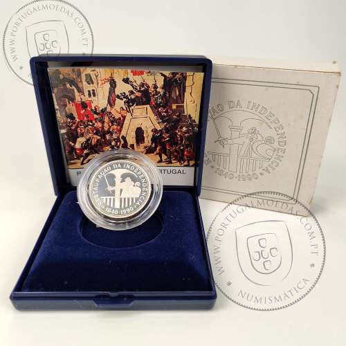 Proof 100 Escudos 1990 Restauração da Independência 1640 - 1990, prata, Estojo moeda prata Proof 100$00 1990, Portugal KM 651a