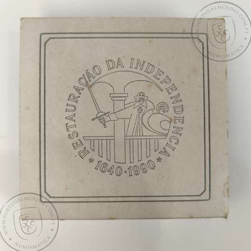 Proof 100 Escudos 1990 Restauração da Independência 1640 - 1990, prata, Estojo moeda prata Proof 100$00 1990, Portugal KM 651a