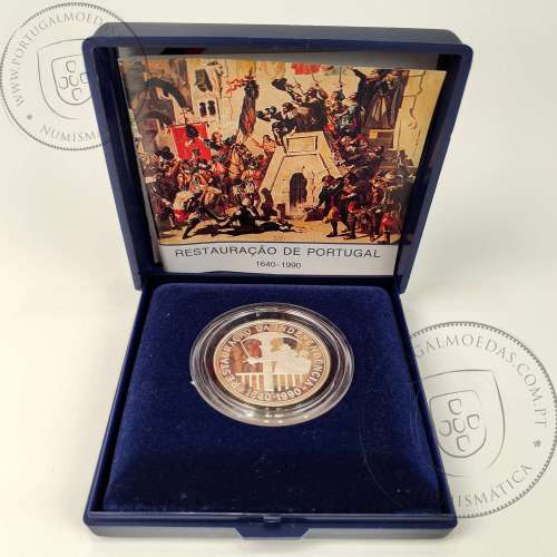 Proof 100 Escudos 1990 Restauração da Independência 1640 - 1990, prata, Estojo moeda prata Proof 100$00 1990, Portugal KM 651a