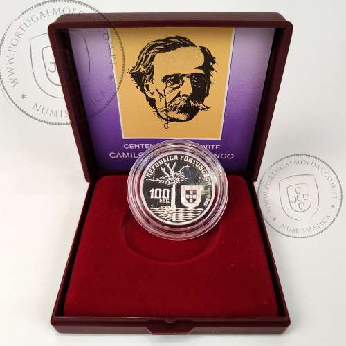 Proof 100 Escudos 1990 Camilo Castelo Branco 1825 - 1890, prata, Estojo moeda prata Proof 100$00 1990, Portugal KM 656a