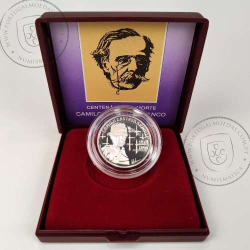 Proof 100 Escudos 1990 Camilo Castelo Branco 1825 - 1890, prata, Estojo moeda prata Proof 100$00 1990, Portugal KM 656a