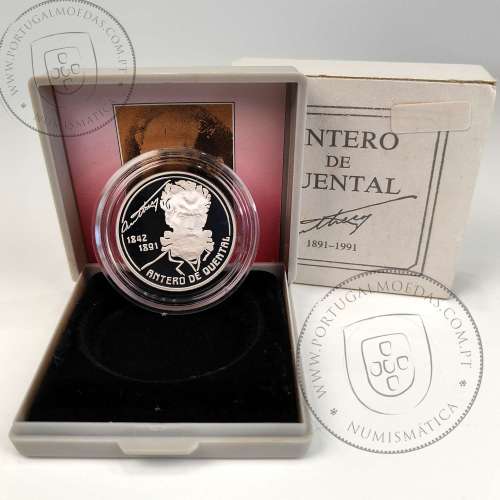 Proof, 100 Escudos 1991 Antero de Quental 1842 - 1891 em prata, Estojo moeda prata Proof 100$00 1991, Portugal KM 664a
