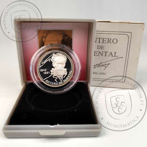 Proof 100 Escudos 1991 Antero de Quental 1842 - 1891 prata, Estojo moeda prata Proof 100$00 1991, Portugal KM 664a