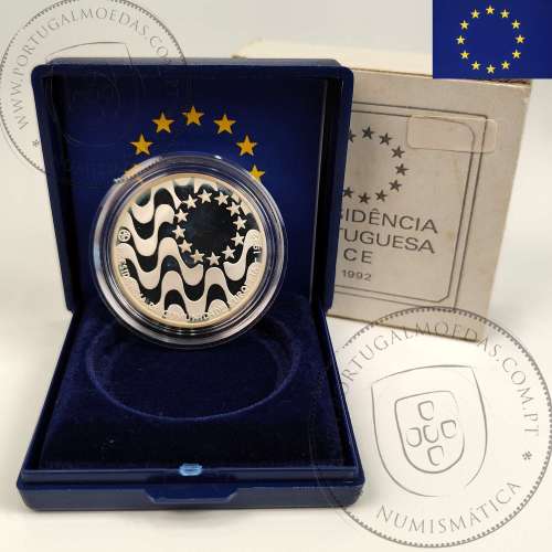 Proof 200 Escudos 1992 Presidência da Comunidade Europeia em prata, Estojo moeda prata Proof 200$00 1992, Portugal KM 663a
