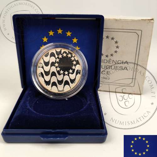 Proof 200 Escudos 1992 Presidência Portuguesa da Comunidade Europeia em prata, Estojo moeda prata Proof 200$00 1992, KM663a
