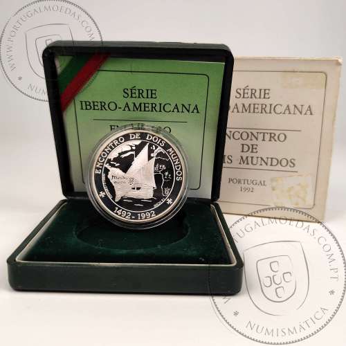Portugal, silver coin Proof of 1000 Escudos 1992 Encounter of Two Worlds 1492, with Case , World Coins Portugal KM 657a