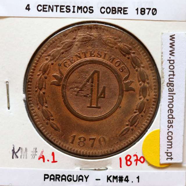 Paraguay, 4 Centesimos 1870 Bronze, (VF+), World Coins Paraguay KM 4.1