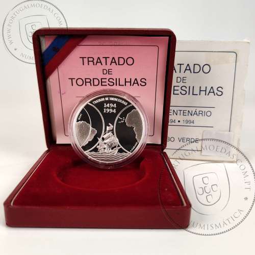 Cabo Verde, 1000 Escudos 1994 Tratado de Tordesilhas prata Proof, em estojo oficial INCM, World Coins Cape Verde KM 26a