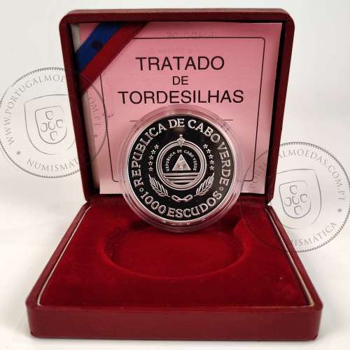 Cabo Verde, 1000 Escudos 1994 Tratado de Tordesilhas prata Proof, em estojo oficial INCM, World Coins Cape Verde KM 26a