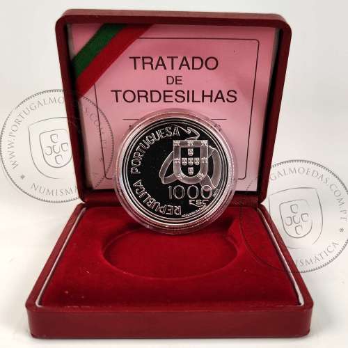 Portugal, 1000 Escudos 1994 Treaty of Tordesillas, silver Proof, with case, World Coins Portugal KM 675a