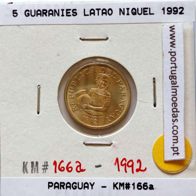 Paraguai, 5 Guaranies 1992 Latão Níquel, (Soberba), World Coins Paraguay KM 166a