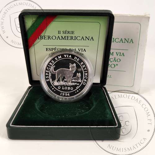 Portugal, silver coin Proof 1000 Escudos 1994 The Wolf - Species wildlife on the verge of extinction, with Case, Portugal KM676a