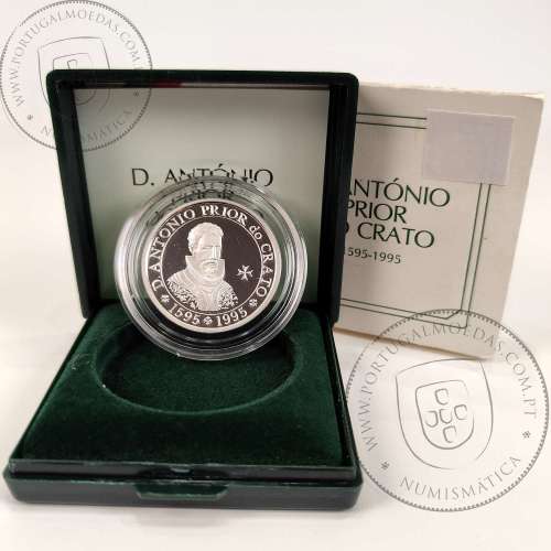 Proof 100 Escudos 1995 D. António Prior do Crato 1595-1995, Estojo moeda prata Proof 100$00 1995, World Coins Portugal KM 680a
