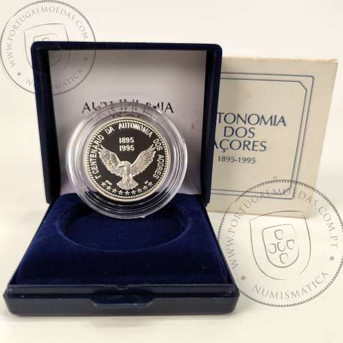 100 Escudos 1995 1.º Centenário da Autonomia dos Açores, Estojo moeda prata Proof 100$00 1995, World Coins Azores KM 47