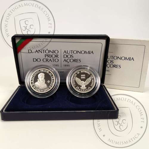 Prata Proof, 100 Escudos 1995, Emissão conjunta moeda de D. António Prior do Crato e moeda do Centenário da Autonomia dos Açores