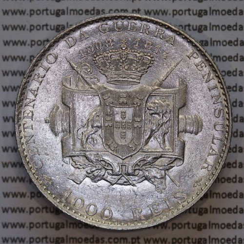 1000 réis 1910 prata D. Manuel II, Centenário da Guerra Peninsular de 1808-1814, (Soberba),  World Coins Portugal KM 558.
