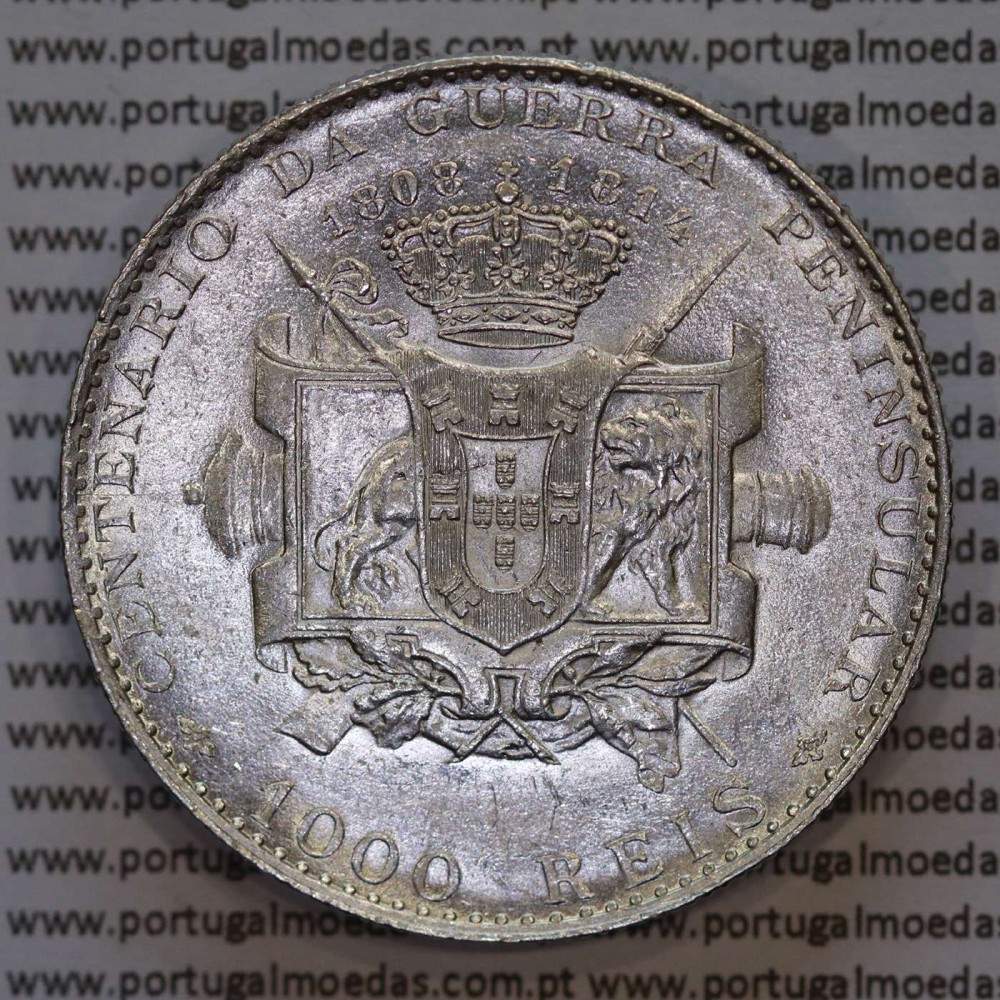 1000 réis 1910 prata D. Manuel II, Centenário da Guerra Peninsular de 1808-1814, (Soberba),  World Coins Portugal KM 558.