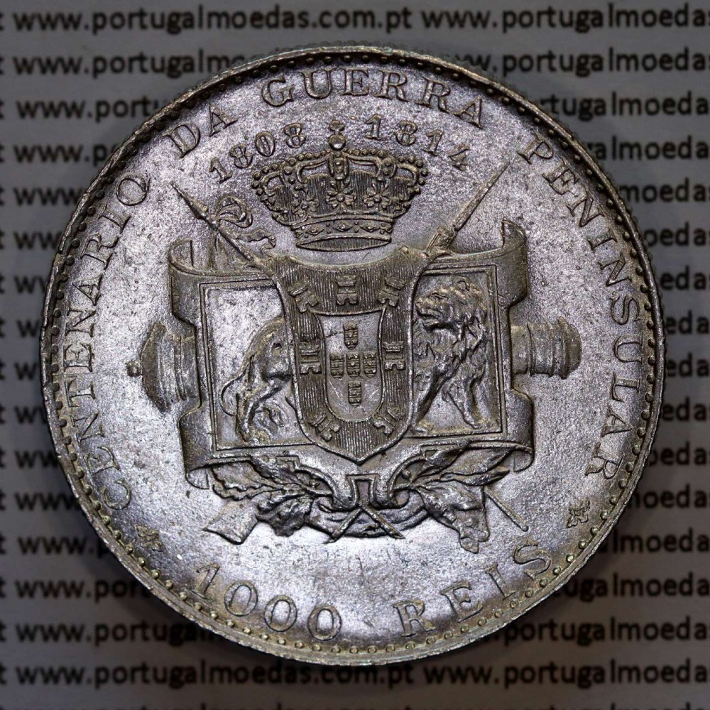 1000 réis 1910 prata D. Manuel II, Centenário da Guerra Peninsular de 1808-1814, (Soberba),  World Coins Portugal KM 558.
