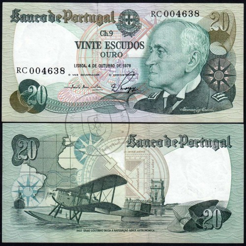 20 Escudos Admiral Gago Coutinho 4.10.1978, Vinte Escudos 4 Outubro 1978 Plate 9 - Bank of Portugal, (QNC), Pick 176b 13.44