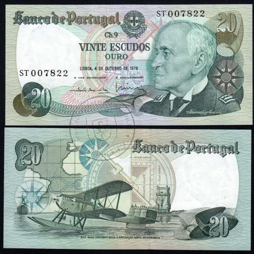 20 Escudos Admiral Gago Coutinho 4.10.1978, Vinte Escudos 4 Outubro 1978 Plate 9 - Bank of Portugal, (NC), Pick 176b 13.57
