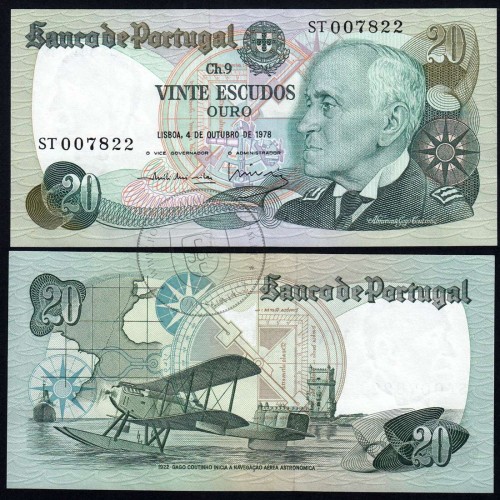 20 Escudos Admiral Gago Coutinho 4.10.1978, Vinte Escudos 4 Outubro 1978 Plate 9 - Bank of Portugal, (NC), Pick 176b 13.57