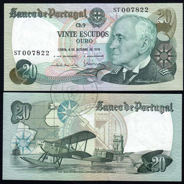 20 Escudos Admiral Gago Coutinho 4.10.1978, Vinte Escudos 4 Outubro 1978 Plate 9 - Bank of Portugal, (NC), Pick 176b 13.57