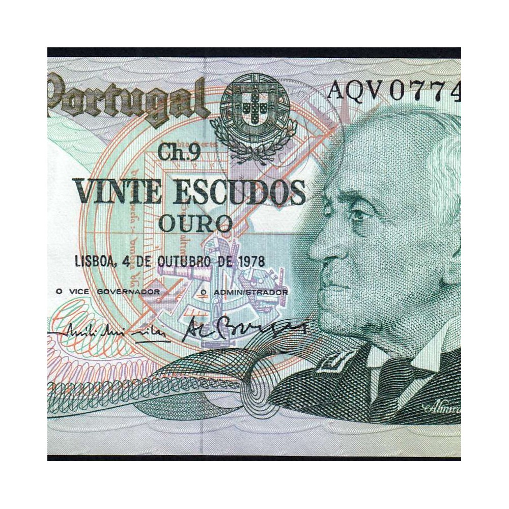 20 Escudos Admiral Gago Coutinho 4.10.1978, Vinte Escudos 4 Outubro 1978 Plate 9 - Bank of Portugal, (QNC), Pick 176b 13.49