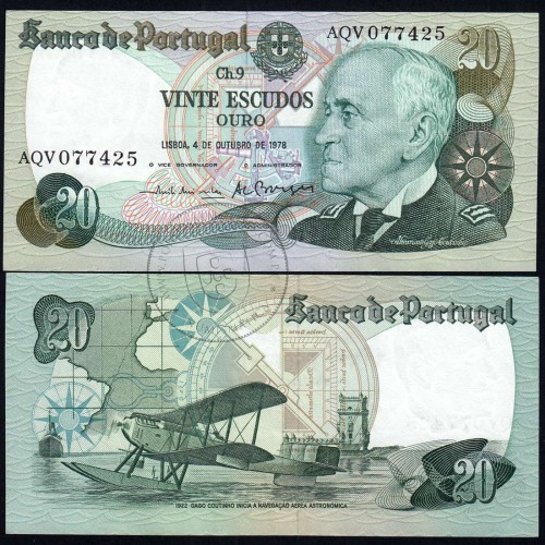 20 Escudos Admiral Gago Coutinho 4.10.1978, Vinte Escudos 4 Outubro 1978 Plate 9 - Bank of Portugal, (QNC), Pick 176b 13.49