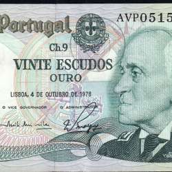 20 Escudos 1978 Gago Coutinho 4/10/1978, 20$00 Vinte Escudos 4/10/1978 Chapa:9 Banco de Portugal, (QNC), Pick 176b 13.44