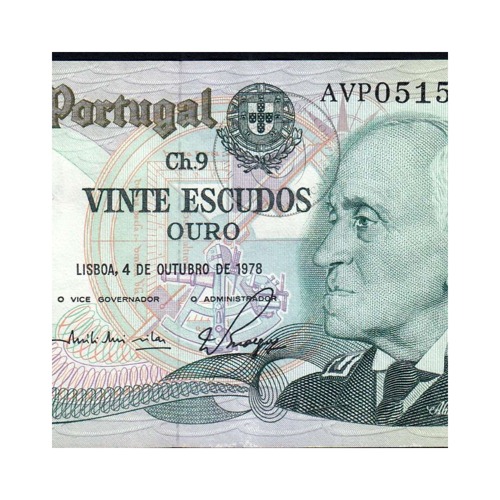 20 Escudos Admiral Gago Coutinho 4.10.1978, Vinte Escudos 4 Outubro 1978 Plate 9 - Bank of Portugal, (QNC), Pick 176b 13.44