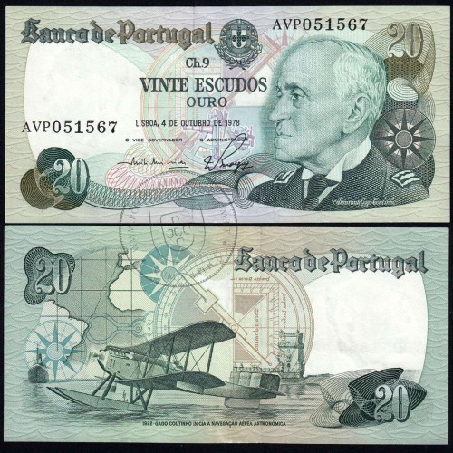 20 Escudos Admiral Gago Coutinho 4.10.1978, Vinte Escudos 4 Outubro 1978 Plate 9 - Bank of Portugal, (QNC), Pick 176b 13.44