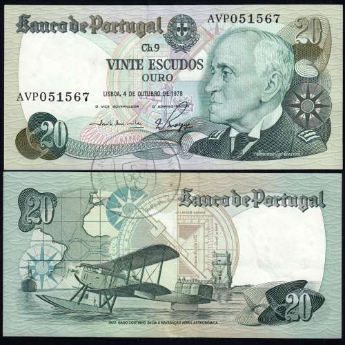20 Escudos Admiral Gago Coutinho 4.10.1978, Vinte Escudos 4 Outubro 1978 Plate 9 - Bank of Portugal, (QNC), Pick 176b 13.44