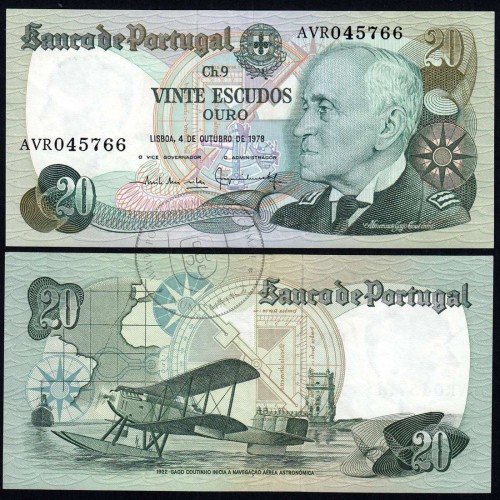 20 Escudos Admiral Gago Coutinho 4.10.1978, Vinte Escudos 4 Outubro 1978 Plate 9 - Bank of Portugal, (QNC), Pick 176b 13.61