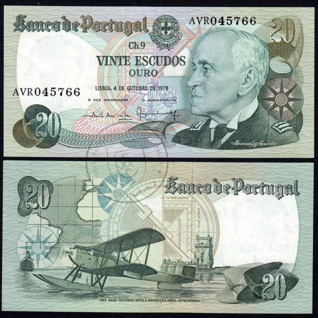 20 Escudos Admiral Gago Coutinho 4.10.1978, Vinte Escudos 4 Outubro 1978 Plate 9 - Bank of Portugal, (QNC), Pick 176b 13.61