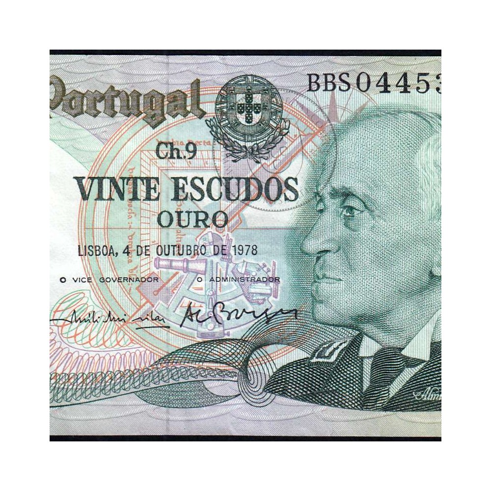 20 Escudos Admiral Gago Coutinho 4.10.1978, Vinte Escudos 4 Outubro 1978 Plate 9 - Bank of Portugal, (QNC), Pick 176b 13.49