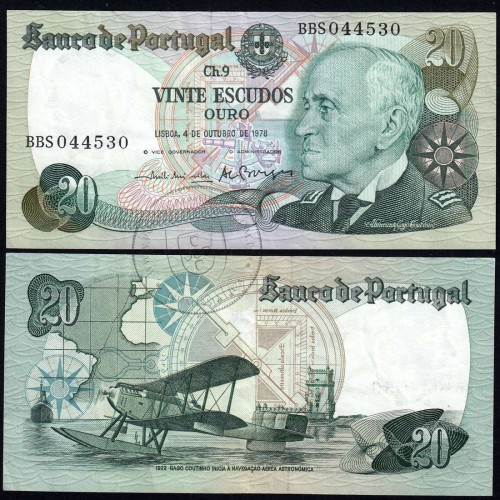 20 Escudos Admiral Gago Coutinho 4.10.1978, Vinte Escudos 4 Outubro 1978 Plate 9 - Bank of Portugal, (QNC), Pick 176b 13.49
