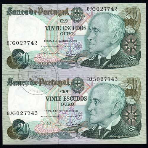 Lote 2 notas, 20 Escudos 1978 Gago Coutinho 4/10/1978, Vinte Escudos 4/10/1978 Chapa:9 Banco de Portugal, (NC), Pick176b 13.44