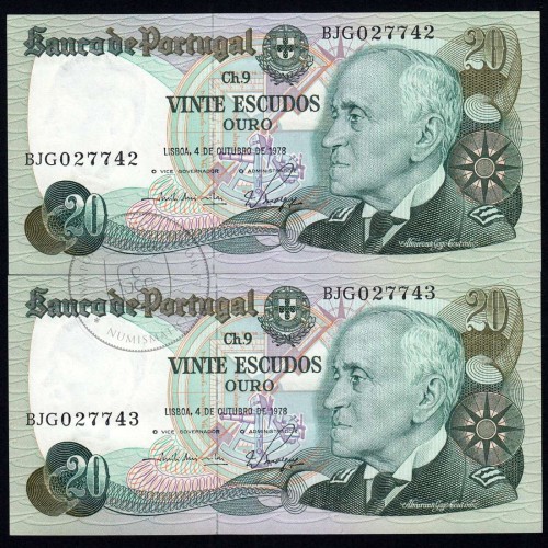 Lot of 2 banknotes, numbers followed, 20 Escudos 4.10.1978 Admiral Gago Coutinho, Plate:9 Bank of Portugal, (NC), Pick176b 13.44