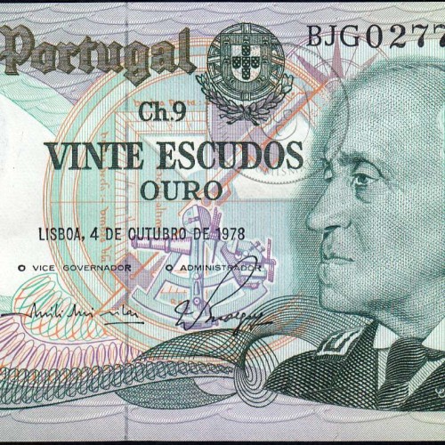 Lot of 2 banknotes, numbers followed, 20 Escudos 4.10.1978 Admiral Gago Coutinho, Plate:9 Bank of Portugal, (NC), Pick176b 13.44