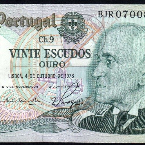 20 Escudos Admiral Gago Coutinho 4.10.1978, Vinte Escudos 4 Outubro 1978 Plate 9 - Bank of Portugal, (QNC), Pick 176b 13.44