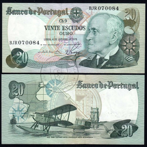 20 Escudos Admiral Gago Coutinho 4.10.1978, Vinte Escudos 4 Outubro 1978 Plate 9 - Bank of Portugal, (QNC), Pick 176b 13.44
