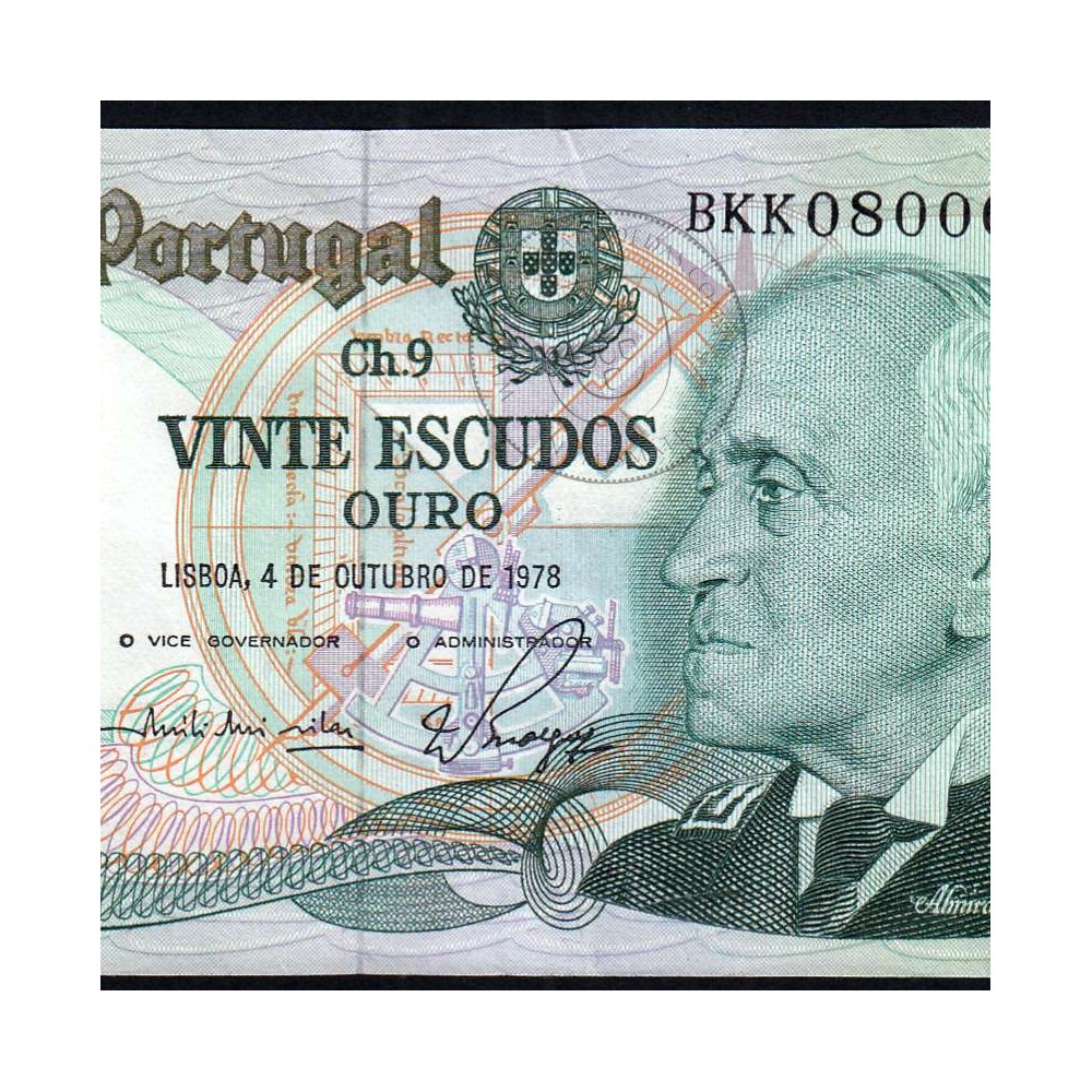 20 Escudos Admiral Gago Coutinho 4.10.1978, Vinte Escudos 4 Outubro 1978 Plate 9 - Bank of Portugal, (QNC), Pick 176b 13.44