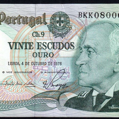 20 Escudos Admiral Gago Coutinho 4.10.1978, Vinte Escudos 4 Outubro 1978 Plate 9 - Bank of Portugal, (QNC), Pick 176b 13.44