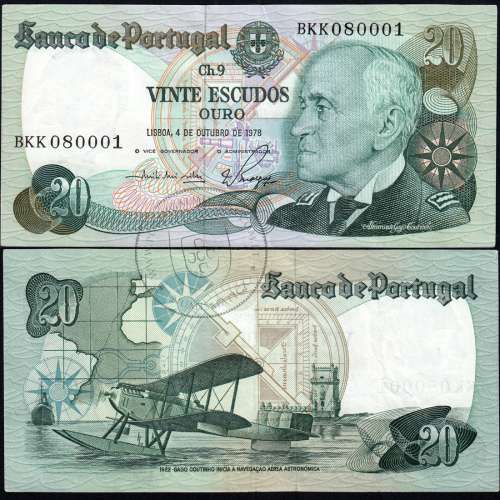 20 Escudos 1978 Gago Coutinho 4/10/1978, 20$00 Vinte Escudos 4/10/1978 Chapa:9 Banco de Portugal, (QNC), Pick 176b 13.44