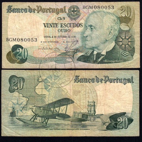 Nota de 20 Escudos 1978 Gago Coutinho, 20$00 04/10/1978 Chapa: 9 - Banco de Portugal (Circulada)